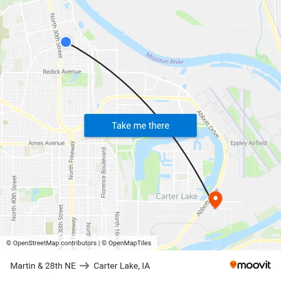 Martin & 28th NE to Carter Lake, IA map