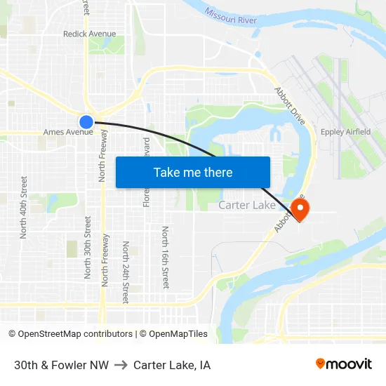 30th & Fowler NW to Carter Lake, IA map