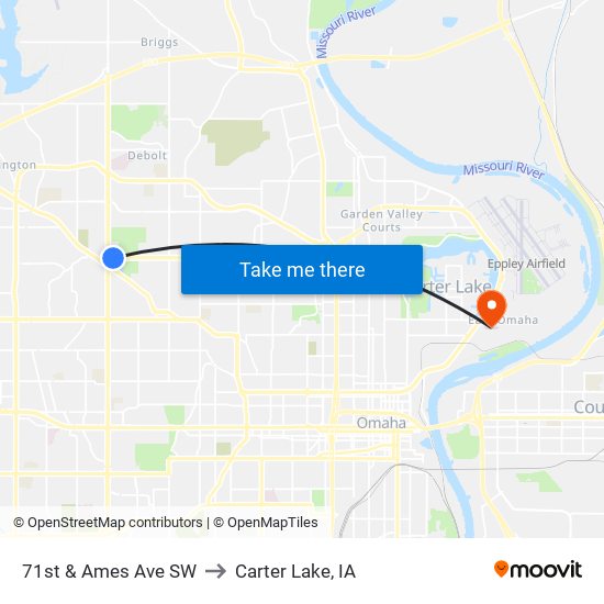 71st & Ames Ave SW to Carter Lake, IA map