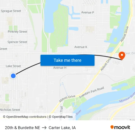 20th & Burdette NE to Carter Lake, IA map
