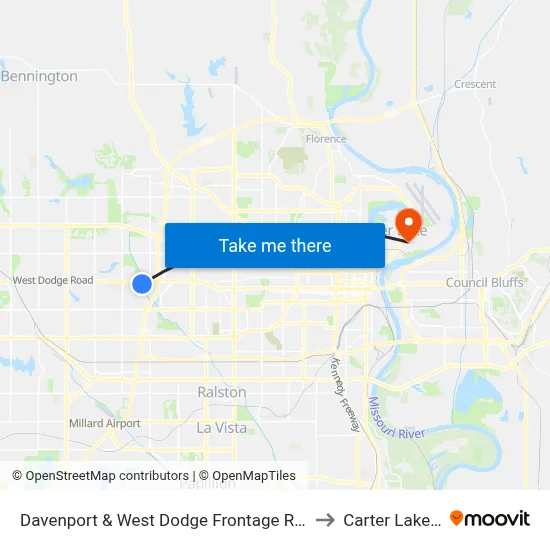 Davenport & West Dodge Frontage Rd S SE to Carter Lake, IA map