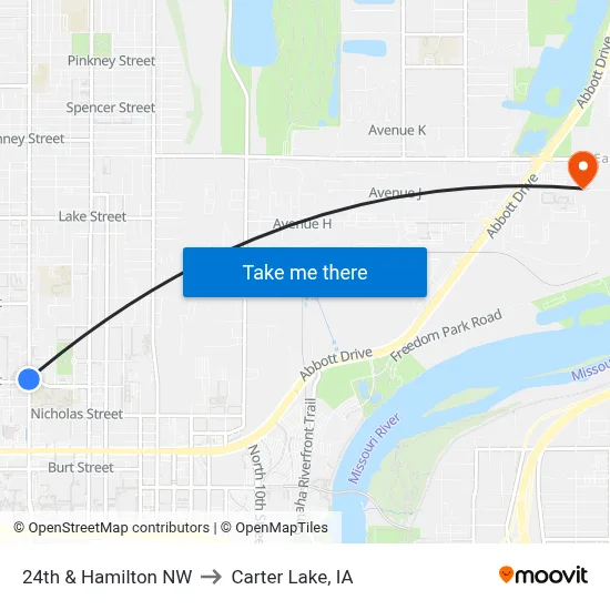 24th & Hamilton NW to Carter Lake, IA map
