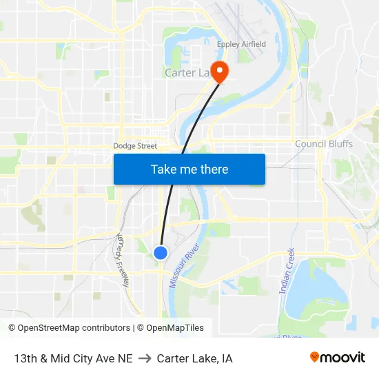 13th & Mid City Ave NE to Carter Lake, IA map