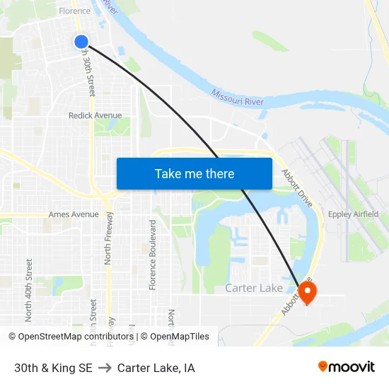 30th & King SE to Carter Lake, IA map