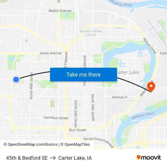 45th & Bedford SE to Carter Lake, IA map