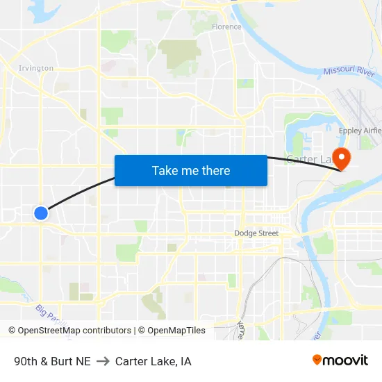 90th & Burt NE to Carter Lake, IA map