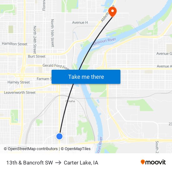 13th & Bancroft SW to Carter Lake, IA map