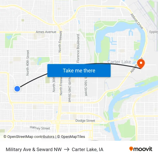 Military Ave & Seward NW to Carter Lake, IA map