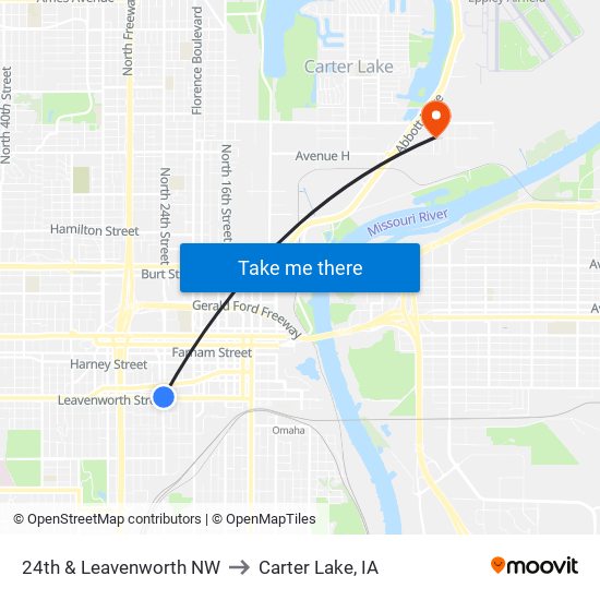 24th & Leavenworth NW to Carter Lake, IA map