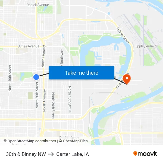 30th & Binney NW to Carter Lake, IA map