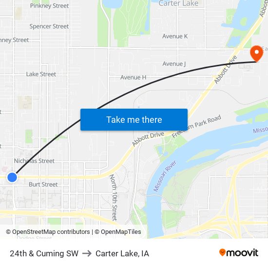 24th & Cuming SW to Carter Lake, IA map