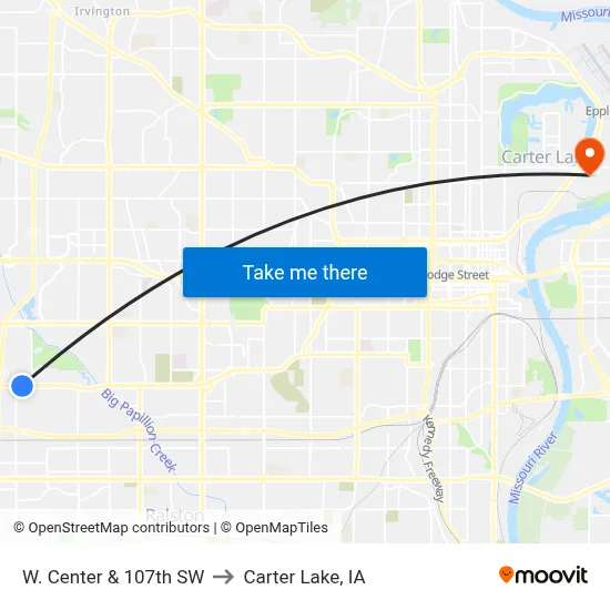 W. Center & 107th SW to Carter Lake, IA map