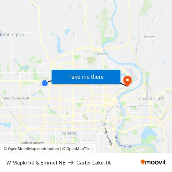 W Maple Rd & Emmet NE to Carter Lake, IA map