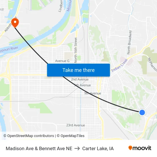 Madison Ave & Bennett Ave NE to Carter Lake, IA map