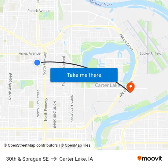 30th & Sprague SE to Carter Lake, IA map