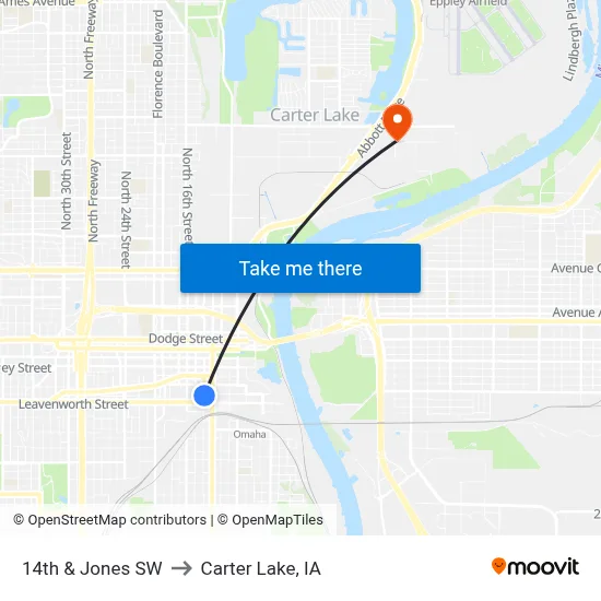14th & Jones SW to Carter Lake, IA map