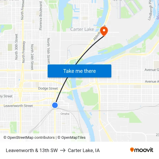 Leavenworth & 13th SW to Carter Lake, IA map