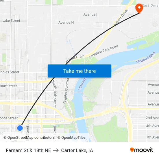 Farnam St & 18th NE to Carter Lake, IA map