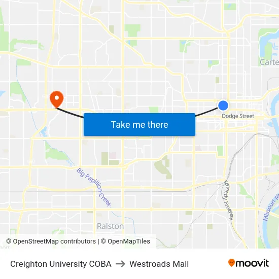 Creighton University COBA to Westroads Mall map