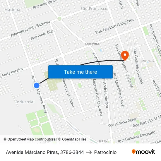 Avenida Márciano Píres, 3786-3844 to Patrocínio map