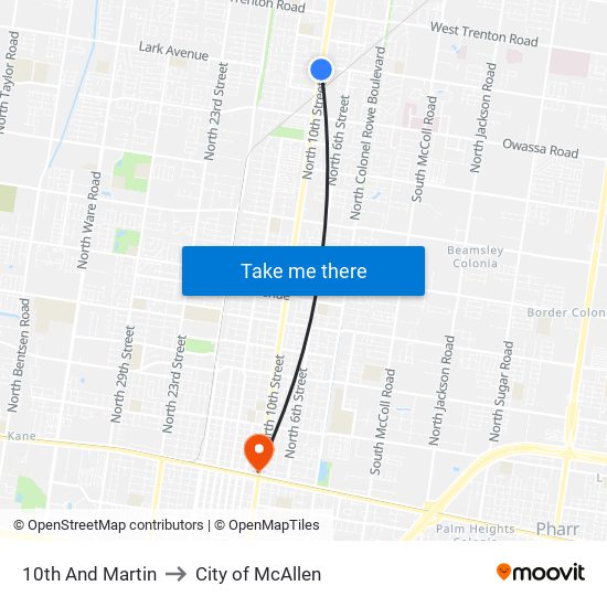 10th And Martin to City of McAllen map