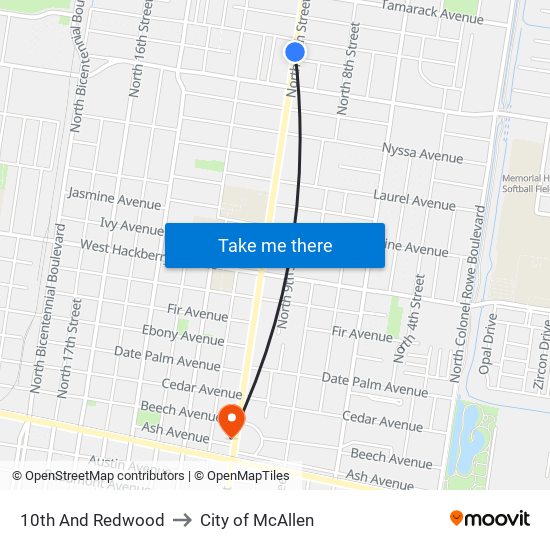 10th And Redwood to City of McAllen map