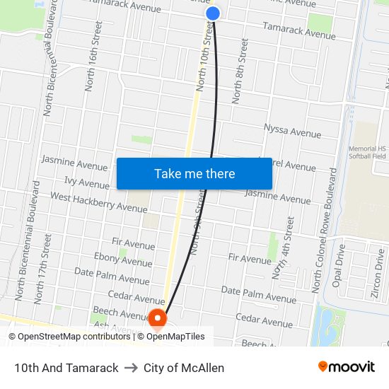 10th And Tamarack to City of McAllen map