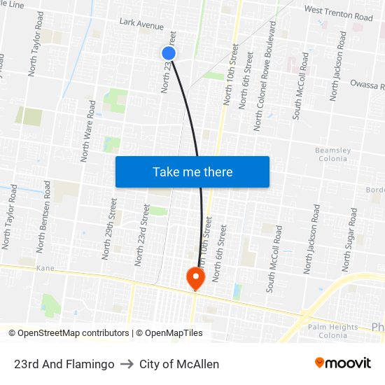 23rd And Flamingo to City of McAllen map