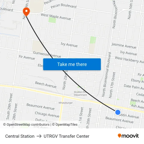 Central Station to UTRGV Transfer Center map