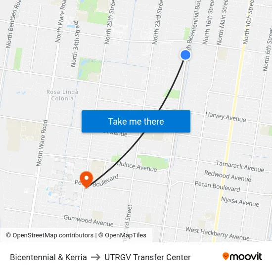 Bicentennial & Kerria to UTRGV Transfer Center map