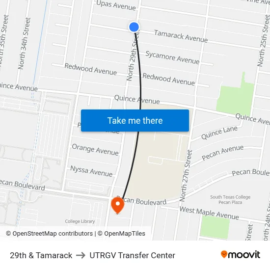 29th & Tamarack to UTRGV Transfer Center map