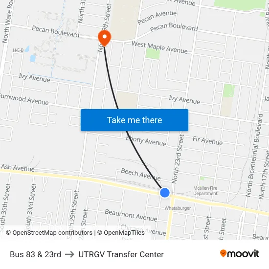 Bus 83 & 23rd to UTRGV Transfer Center map