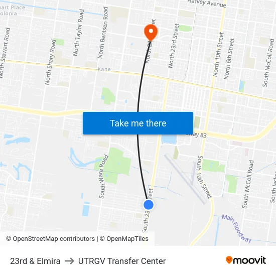 23rd & Elmira to UTRGV Transfer Center map