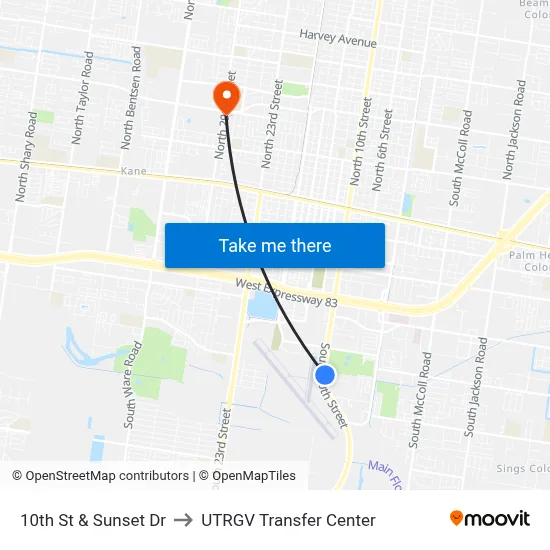 10th St & Sunset Dr to UTRGV Transfer Center map