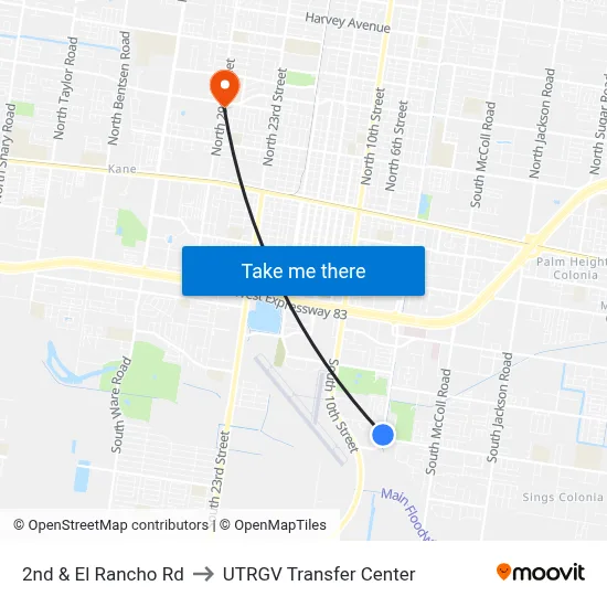 2nd & El Rancho Rd to UTRGV Transfer Center map