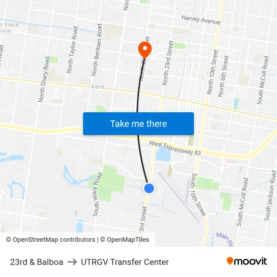 23rd & Balboa to UTRGV Transfer Center map