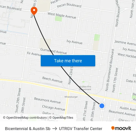 Bicentennial & Austin Sb to UTRGV Transfer Center map