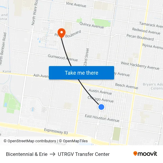 Bicentennial & Erie to UTRGV Transfer Center map