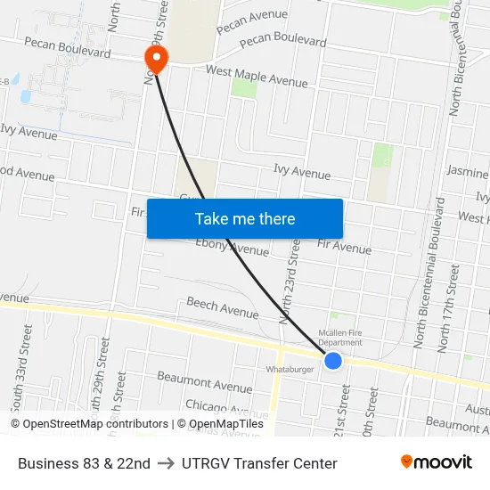 Business 83 & 22nd to UTRGV Transfer Center map