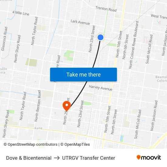 Dove & Bicentennial to UTRGV Transfer Center map