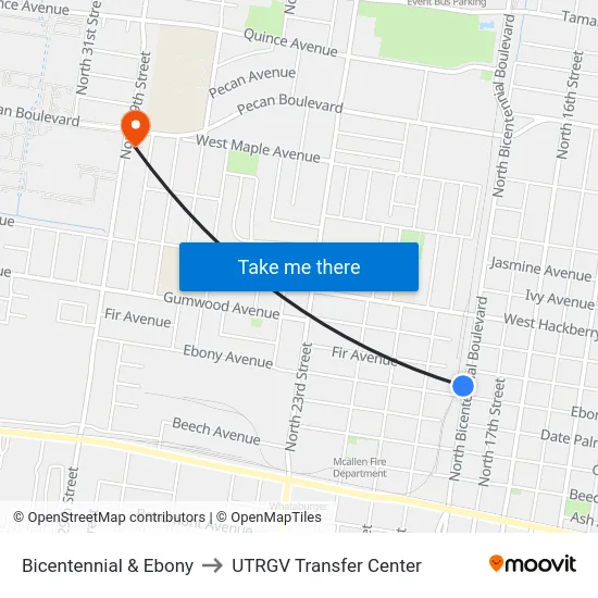 Bicentennial & Ebony to UTRGV Transfer Center map