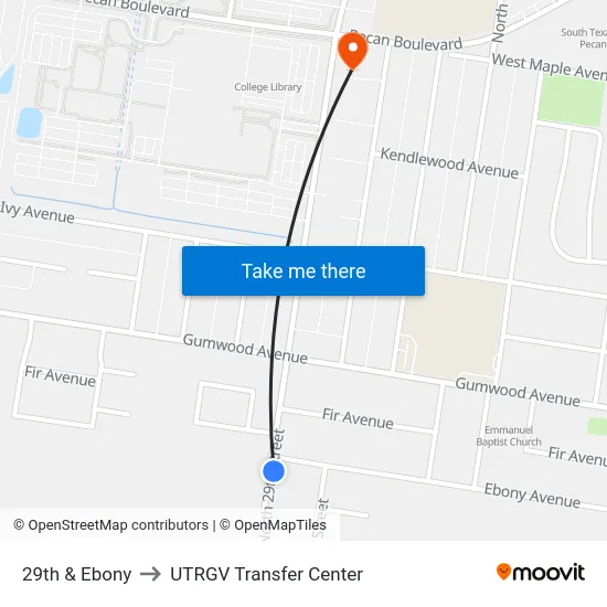 29th & Ebony to UTRGV Transfer Center map