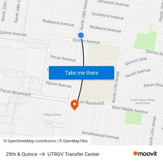 29th & Quince to UTRGV Transfer Center map