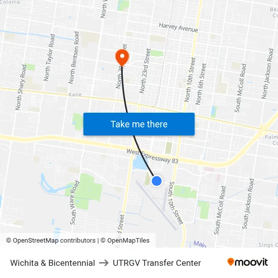 Wichita & Bicentennial to UTRGV Transfer Center map