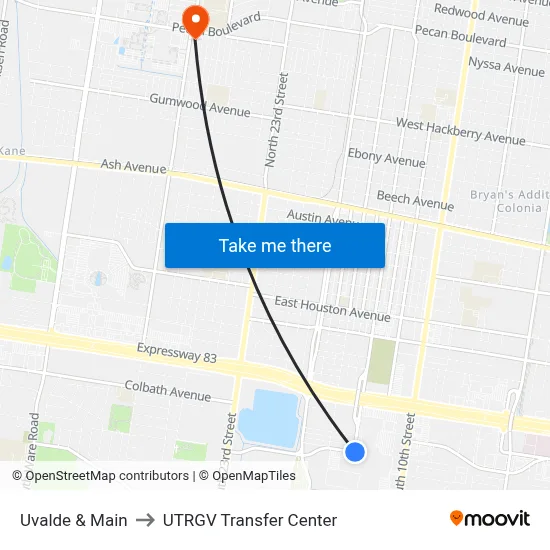 Uvalde & Main to UTRGV Transfer Center map