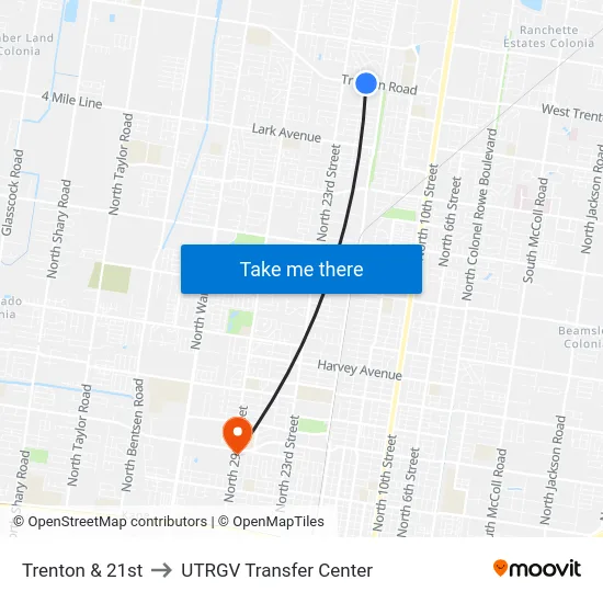 Trenton & 21st to UTRGV Transfer Center map