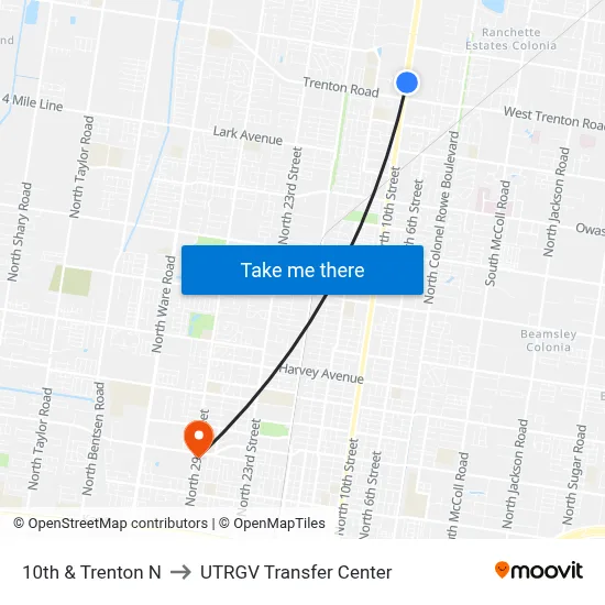10th & Trenton N to UTRGV Transfer Center map