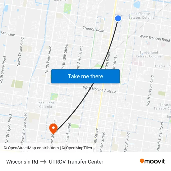 Wisconsin Rd to UTRGV Transfer Center map