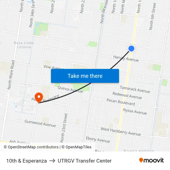 10th & Esperanza to UTRGV Transfer Center map