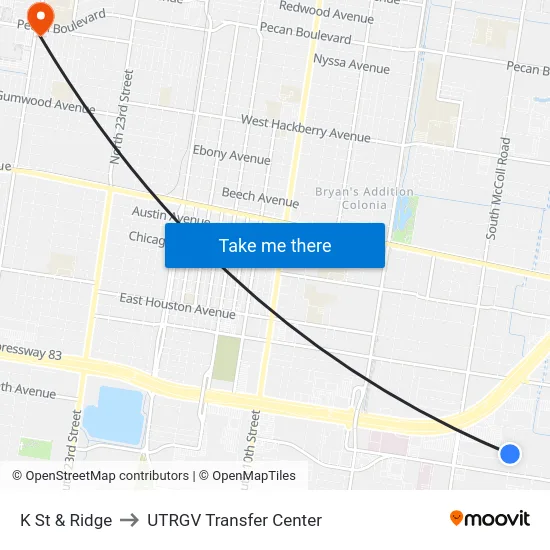 K St & Ridge to UTRGV Transfer Center map